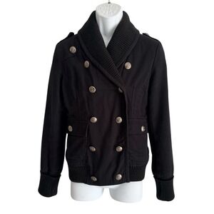 VTG Penny Lane Women Military Jacket L Double Breasted Knit Collar Black Cotton